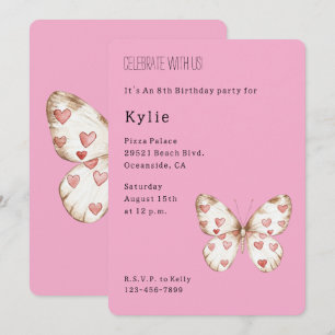 Pink Hearts Butterfly Birthday Invitation