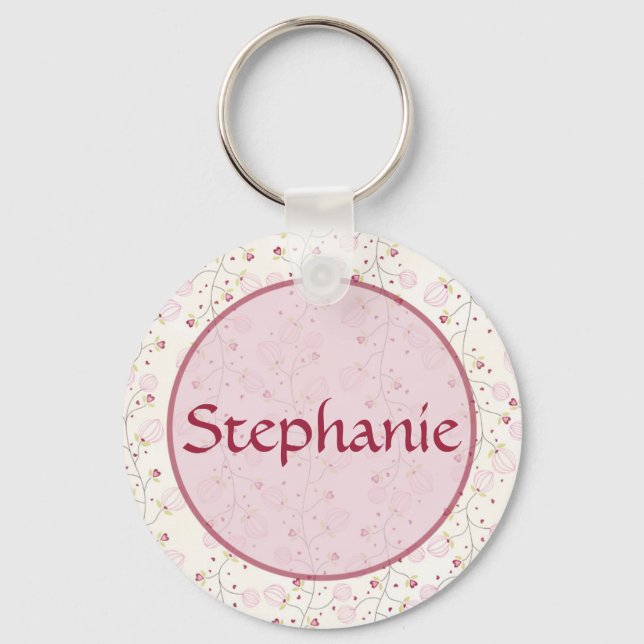 Pink Hearts  Customizable Name Button Keychain (Front)