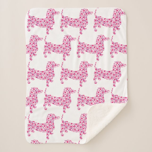Pink Hearts Dachshund Sherpa Blanket (Front)