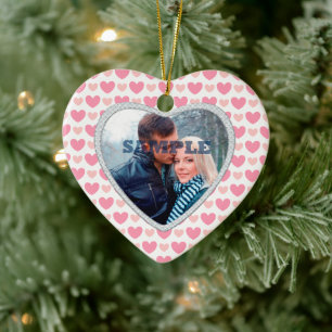 Pink Hearts Faux Diamond Valentine Photo Template Ceramic Ornament