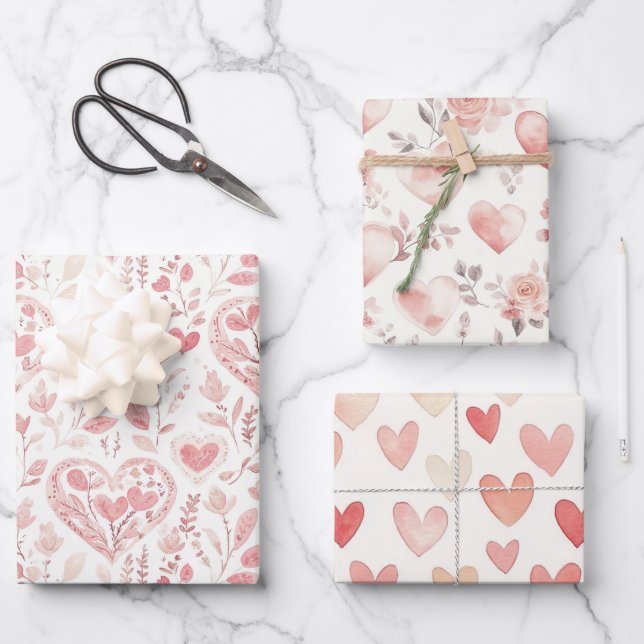 Pink Hearts Floral Love Wrapping Paper Sheet (Front)