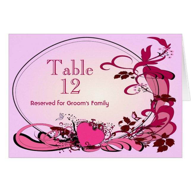 Pink Hearts & Flowers Wedding Table Number (Front Horizontal)