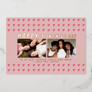 Pink Hearts Galentine`s Day Friends 2 Photo Foil Holiday Card