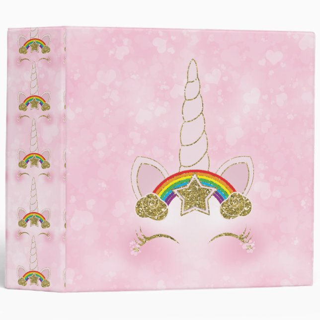 Pink Hearts Gold Rainbow Star Unicorn Horn Face Binder (Front/Spine)
