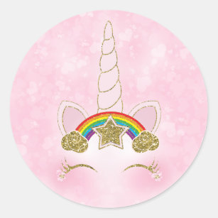 Pink Hearts Gold Rainbow Star Unicorn Horn Face Classic Round Sticker