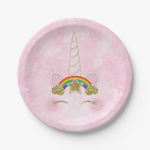 Pink Hearts Gold Rainbow Star Unicorn Horn Face Paper Plate