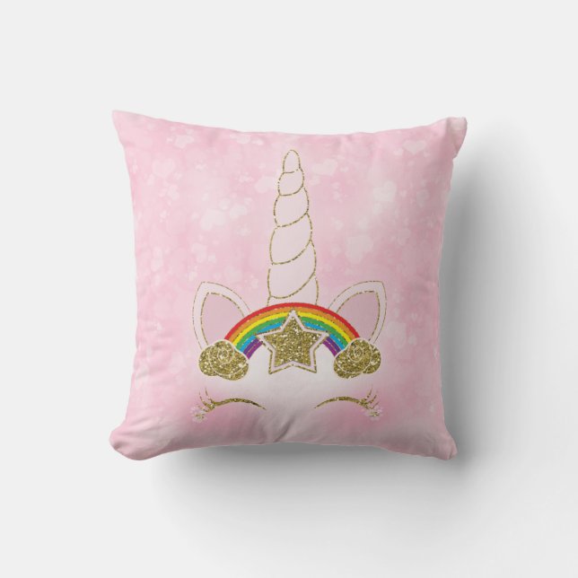Pink Hearts Gold Rainbow Star Unicorn Horn Face Throw Pillow (Front)
