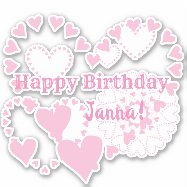 Pink Hearts Happy Birthday Matte White Stickers (Front)