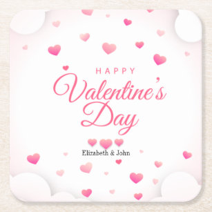 Pink Hearts Happy Valentine's Day  Square Paper Coaster