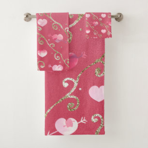 Pink Hearts Hot Pink Glitter Pattern Design Bath Towel Set