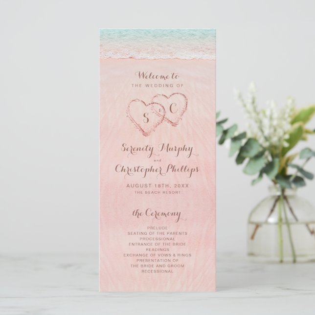 Pink hearts in the sand beach wedding program (Standing Front)