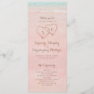 Pink hearts in the sand beach wedding program