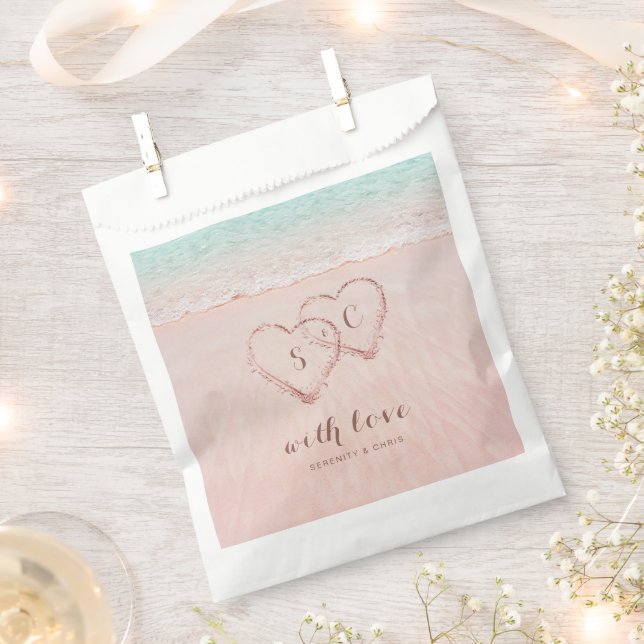 Pink hearts in the sand destination beach wedding favour bag (Clipped)