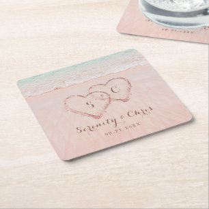 Pink hearts in the sand destination beach wedding square paper coaster