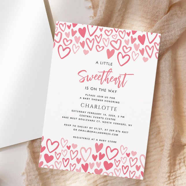 Pink Hearts Little Sweetheart Girl Baby Shower Invitation (Modern Little Sweetheart Pink Hearts Valentines Girl Baby Shower Invitation)