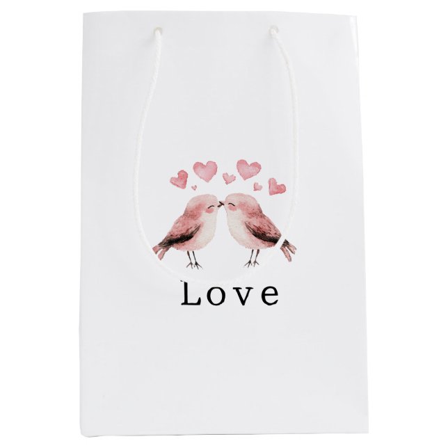 Pink Hearts Love Birds Valentine's Day Wedding Medium Gift Bag (Front)