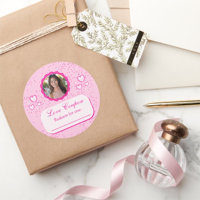 Pink Hearts Love Coupons with Photo Classic Round Sticker (Gifting)