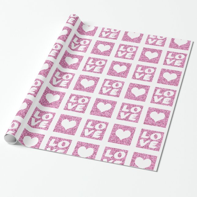 Pink Hearts Love Faux Glitter Wrapping Paper (Unrolled)