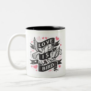 Pink hearts love is a Bird - doves Two-Tone Coffee Mug
