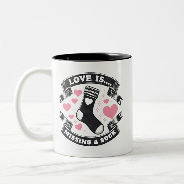 Pink hearts love is missing a sock Two-Tone coffee Mug (Left)