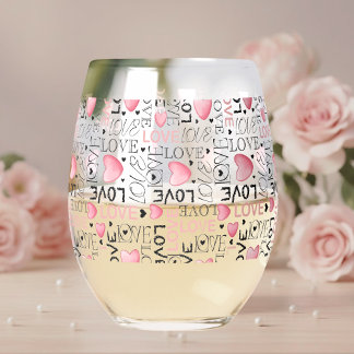 Pink Hearts Love Script Pattern Happy Valentine's Stemless Wine Glass