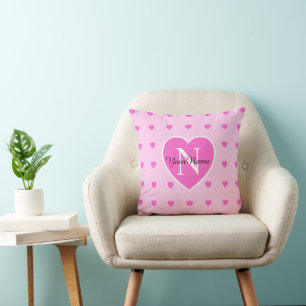 Pink Hearts Monogrammed Heart Pattern Throw Pillow