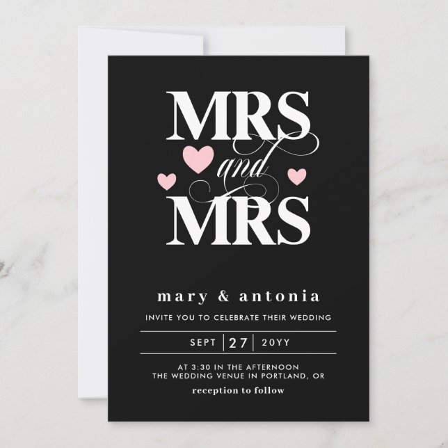 Pink Hearts Mrs & Mrs Lesbian Wedding Two In One Invitation (Front)