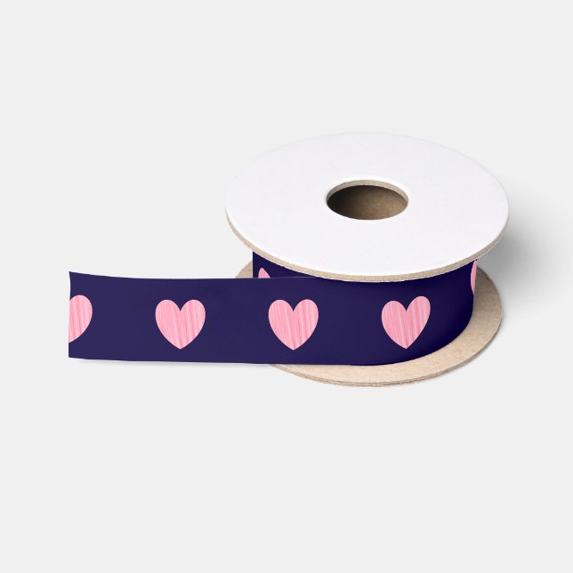 Pink Hearts Navy Blue Love Holiday Abstract Gift Satin Ribbon (Spool)