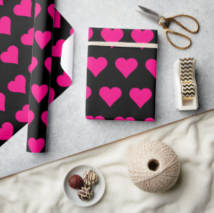 Pink Hearts on Black Background  Wrapping Paper