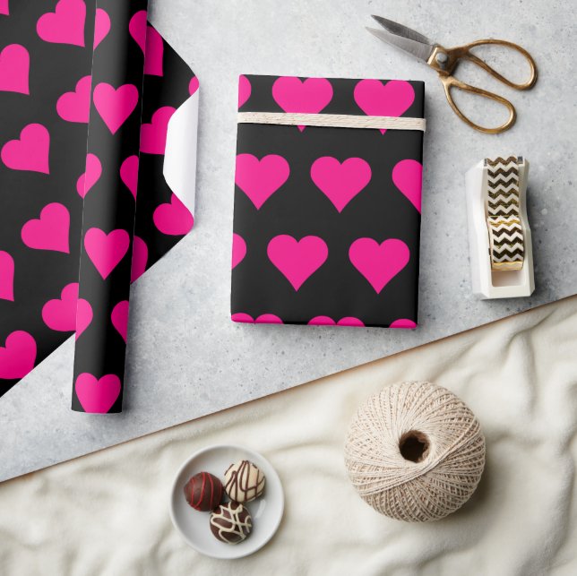 Pink Hearts on Black Background  Wrapping Paper (Crafts)
