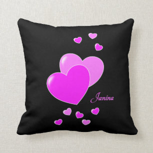 Pink Hearts On Black For Girls, Name Template Throw Pillow
