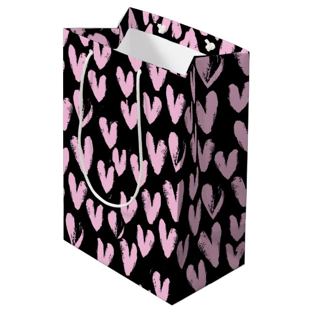 Pink Hearts On Black Medium Gift Bag (Back Angled)
