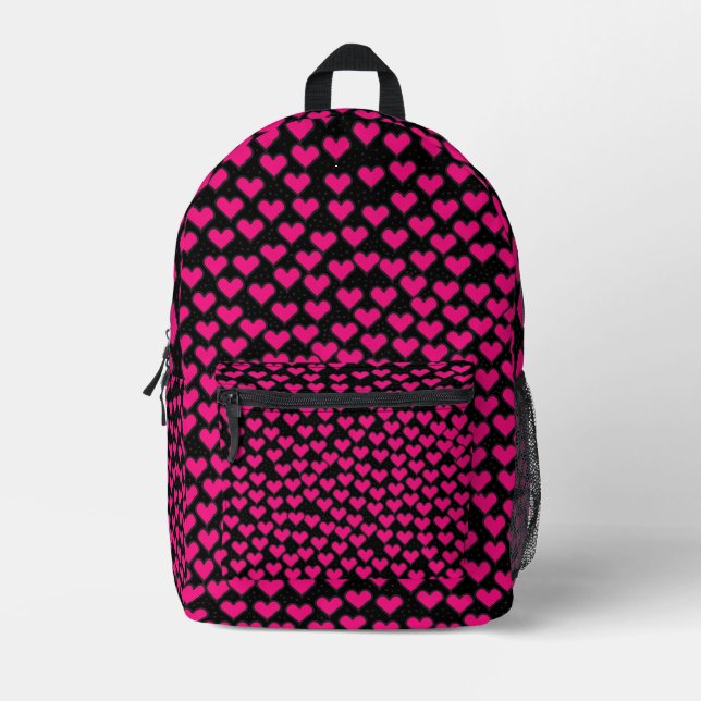 Pink hearts on Black Printed Backpack (Front)