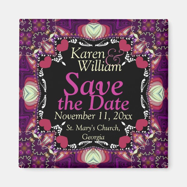 Pink Hearts on Black Save the Date Wedding Magnet (Front)