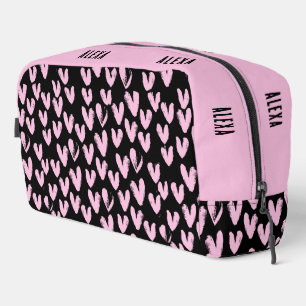 Pink Hearts On Black With Custom Name Dopp Kit