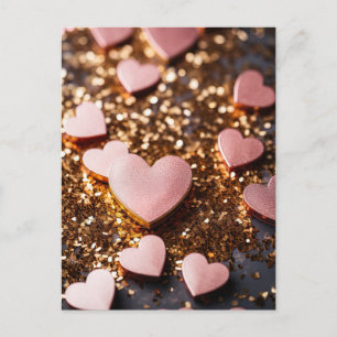 Pink hearts on golden glitter ground Valentine's Postcard
