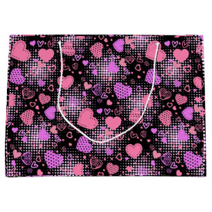 Pink Hearts Pattern 01 Black BG Large Gift Bag