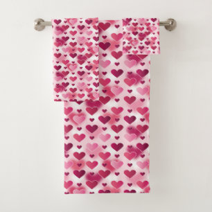 Pink Hearts Pattern Bath Towel Set