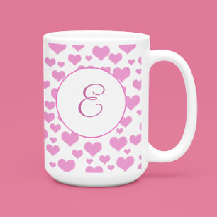 Pink Hearts Pattern Elegant Monogram Custom Coffee Mug