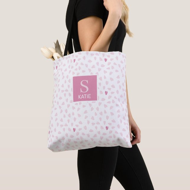 Pink Hearts Pattern Monogram Tote Bag (Close Up)