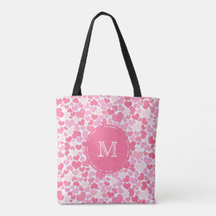 Pink Hearts Pattern Monogram Tote Bag
