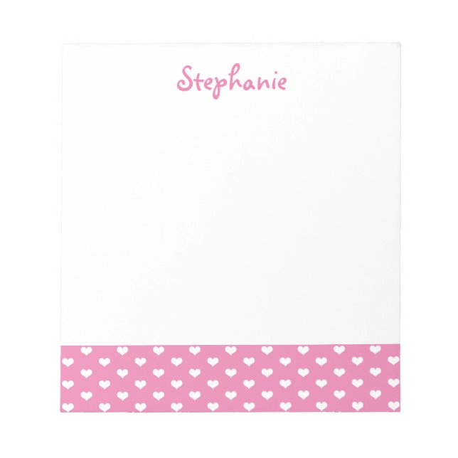 Pink Hearts Pattern Personalized Girly Name Notepad (Front)