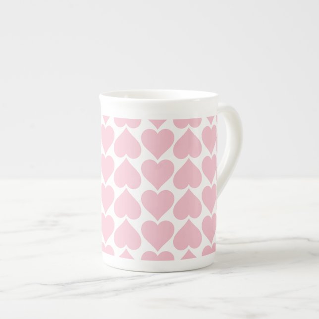 Pink Hearts Pattern, Romantic, Love Bone China Mug (Front Right)