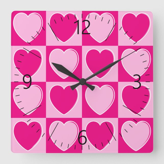 Pink hearts pattern square wall clock (Front)