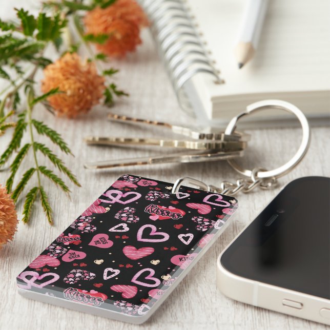 Pink Hearts Pattern Valentine's Day Keychain (Front Right)