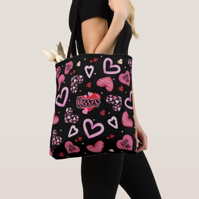 Pink Hearts Pattern Valentine's Day Tote Bag (Close Up)