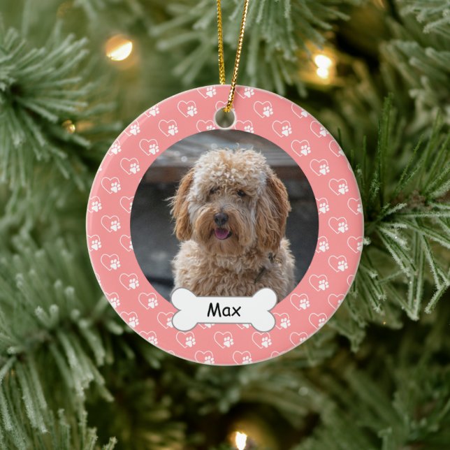 Pink Hearts Paws Custom Pet Puppy Dog Photo Ceramic Ornament (Tree)