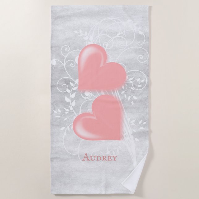 Pink Hearts Personalized Beach Towel (Front)