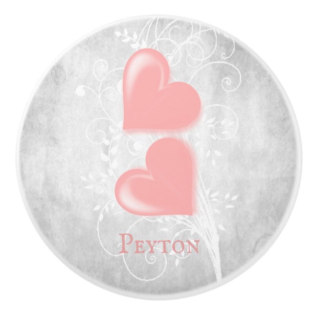 Pink Hearts Personalized Ceramic Knob (Front)
