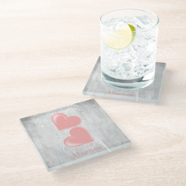 Pink Hearts Personalized Glass Coaster (Angled)